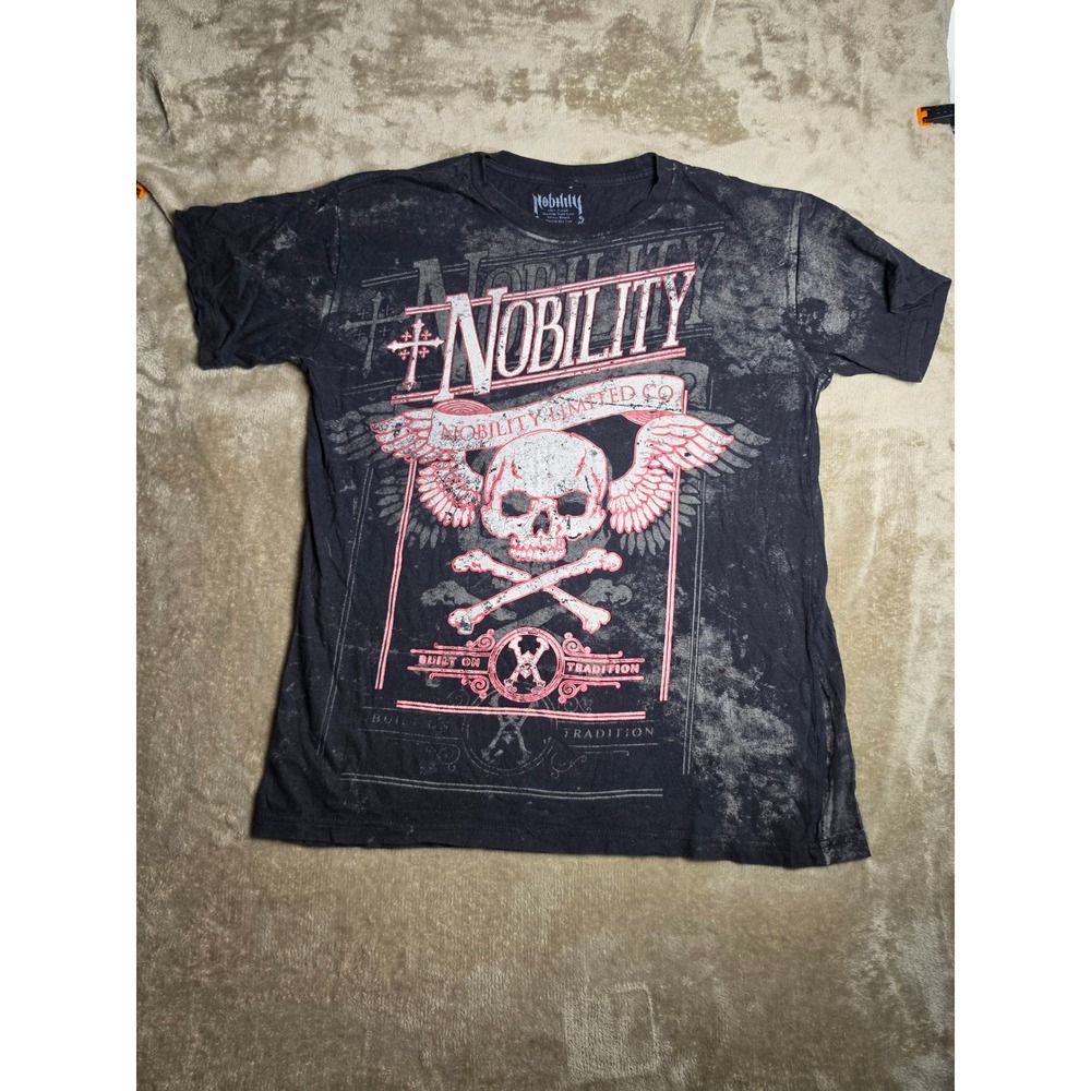 Nobility Mens Skull Crossbones Graphic T-Shirt Black Acid Wash Gothic Large